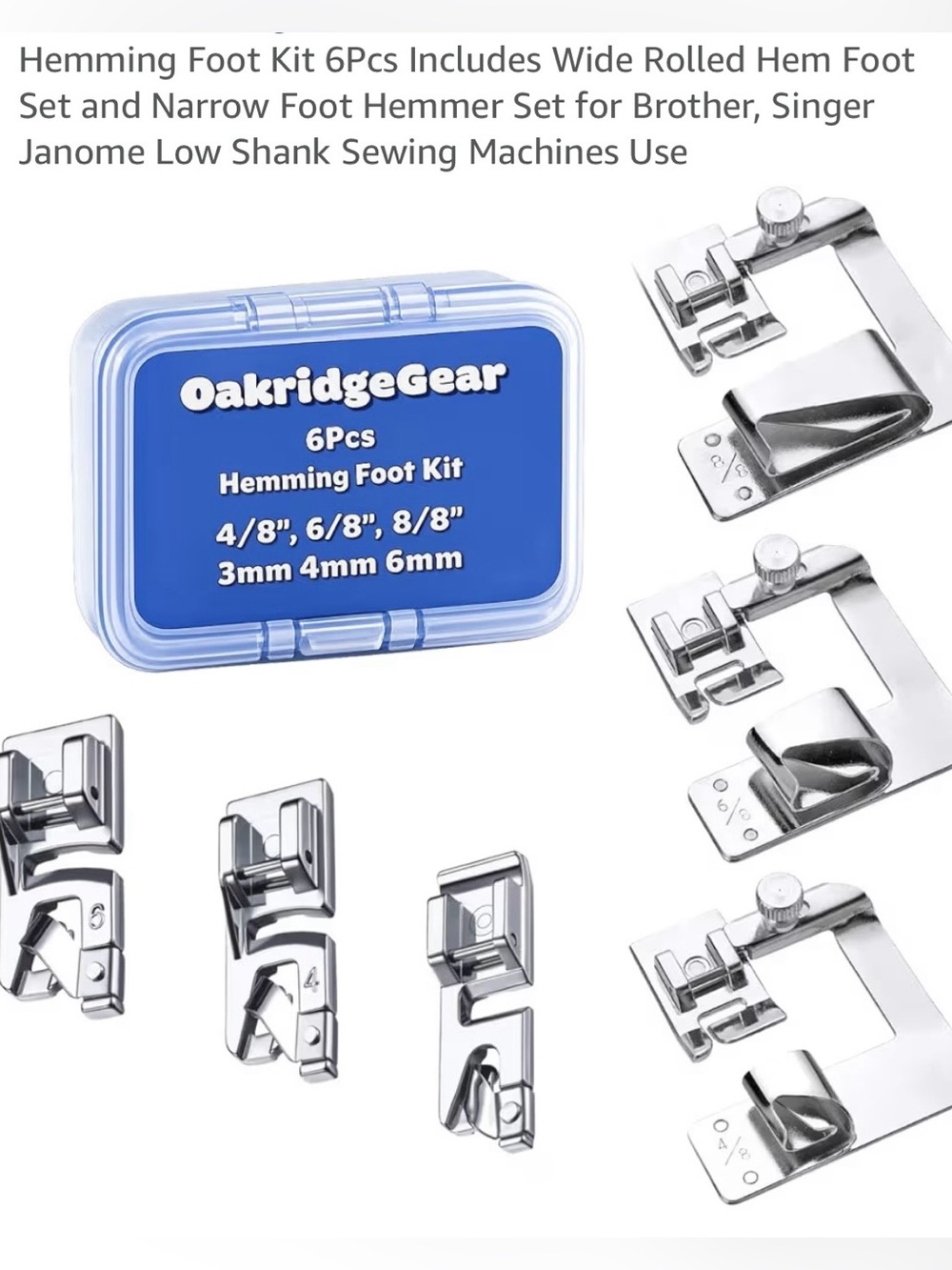 6-Piece Sewing Machine Hemming Feet, Narrow and Large Rolled Hem, Low Shank